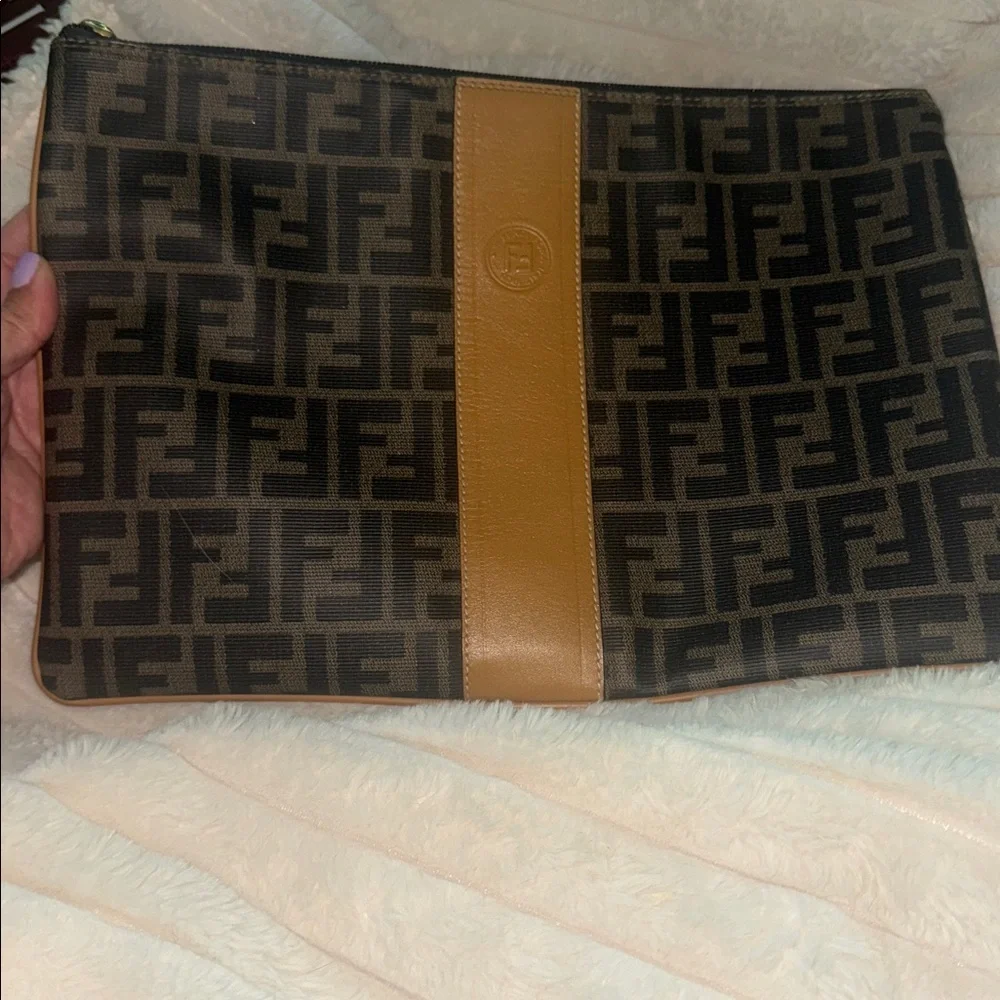Fendi Brown Monogram Toiletry Pouch with Tan Leather Center Stripe